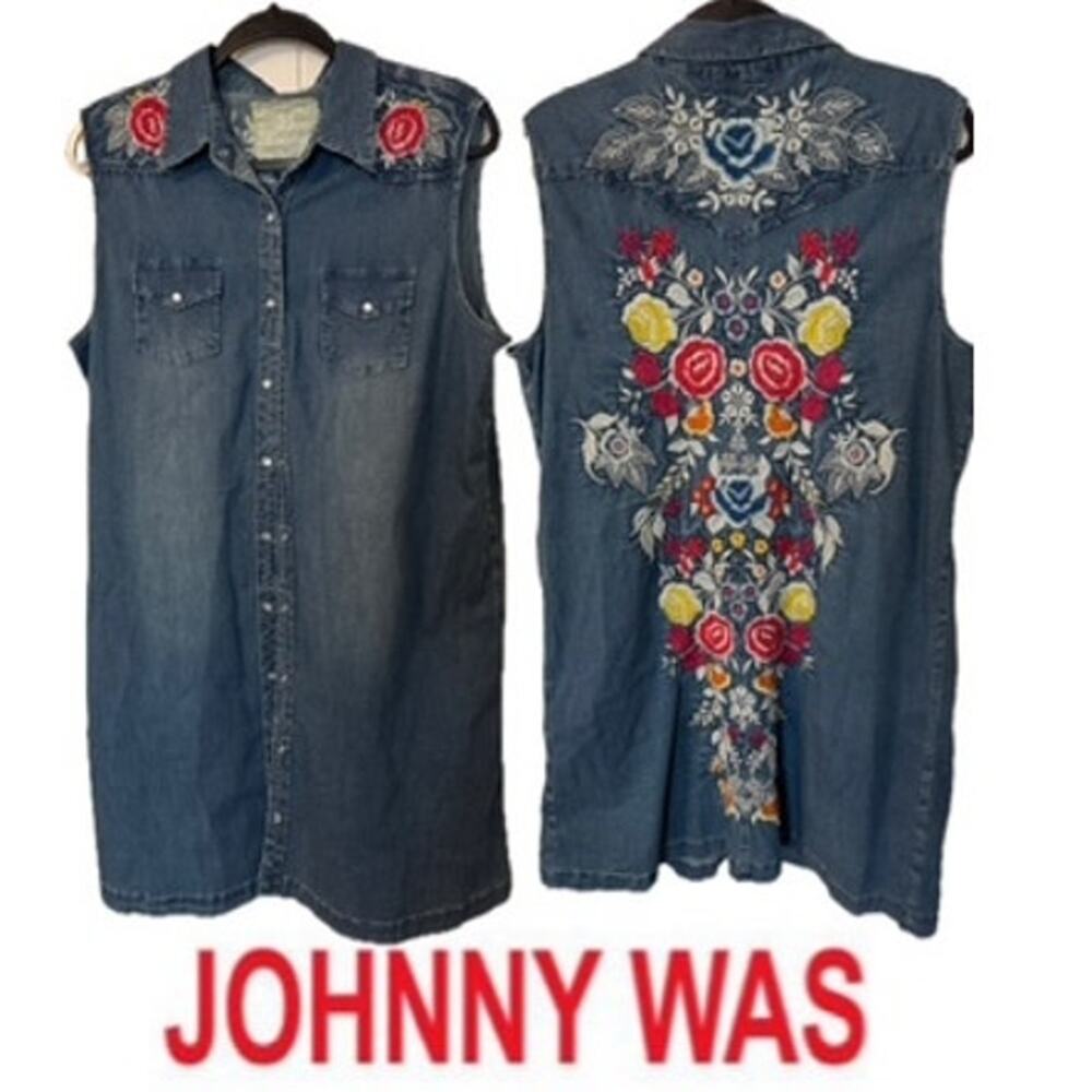 Johnny Was Floral Embroidered Denim Sleeveless Dress XL